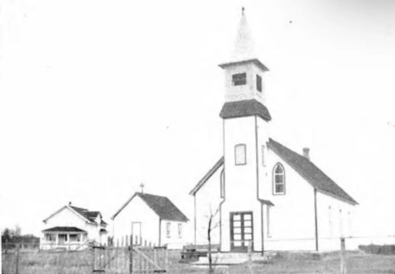 Zion Lutheran Church with school and parsonage, about 1930s